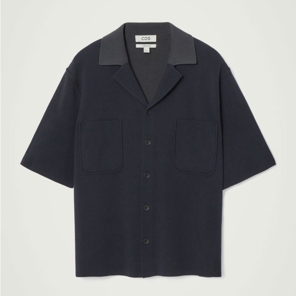 COS Dark Navy Oversized Double-Faced Knitted Shirt Button Down Short Sleeve